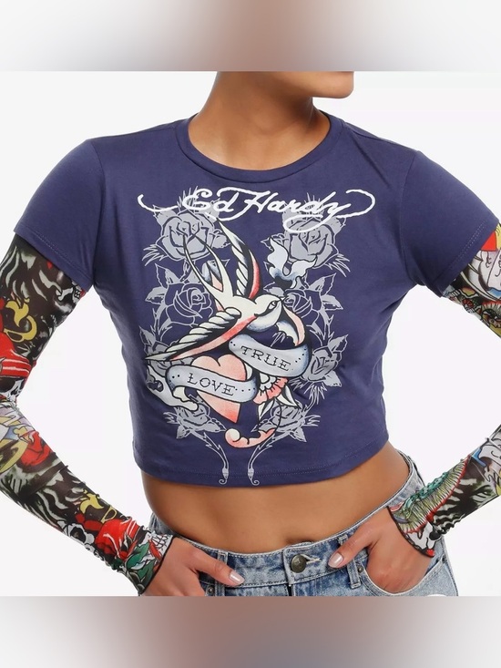 Ed Hardy Tops - Ed Hardy Y2K Tattoo Graphic Long Sleeve Tee Navy Women's Large NWT